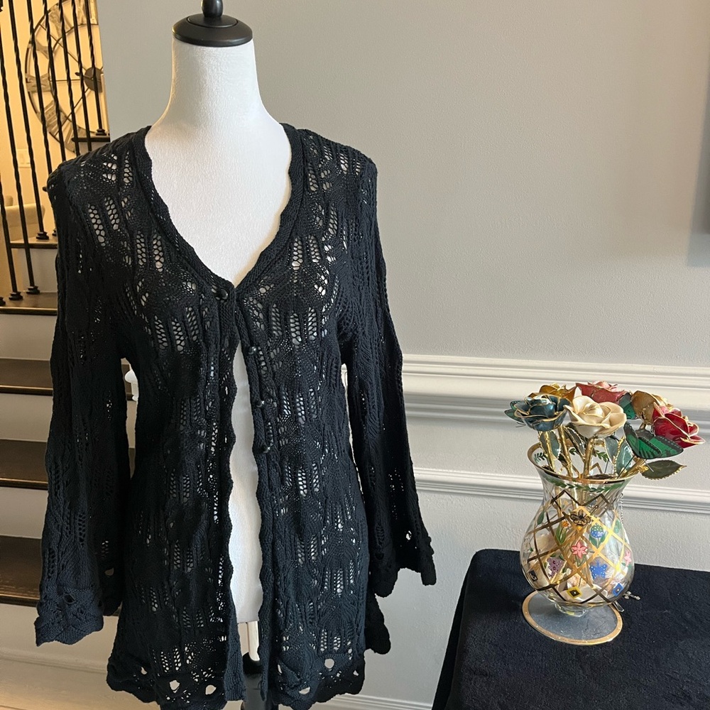 Kim Rogers Black Open-Front Crochet Cardigan